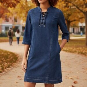 J.Jill Large $129 Denim Chambray Lace-Up Raw Hem 3/4‎ Sleeve Shift Dress Cotton